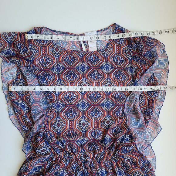 Jessica Simpson Sheer Tunic Blouse L Blue Red Ruffles Sheer Elastic Waist Boho - Picture 9 of 12